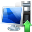a monitor and computer tower with a big green up arrow