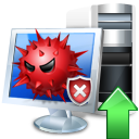 a red sphere with spikes all over it inside a monitor and computer tower with a big green up arrow