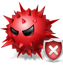 a red sphere with spikes all over it and evil black eyes with a red shield to the right with a white X in the middle.  Similar to the windows security alert.