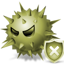 a puke green sphere with spikes all over it and evil black eyes with a red shield to the right with a white X in the middle.  Similar to the windows security alert.